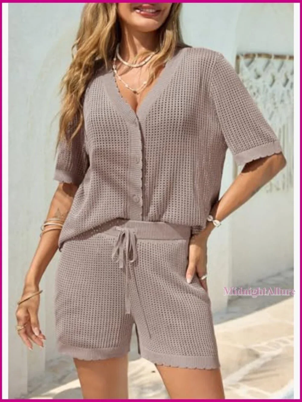 Crochet Swimsuit Coverup Set Short Sleeve V Neck Button Top Drawstring Shorts